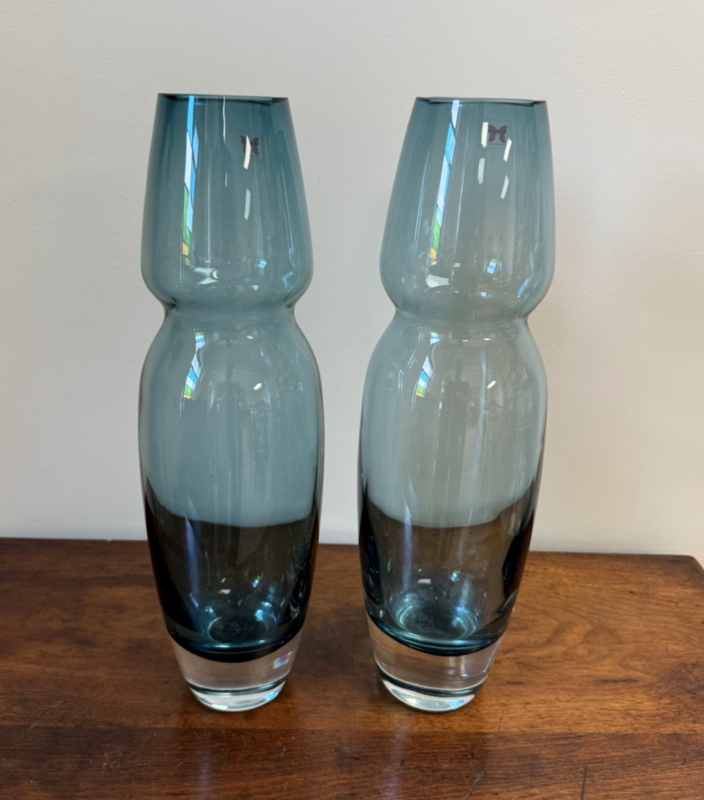 Marquis by Waterford Mambo Blue Art Glass Vase Pair 16" Poland Signed Labels